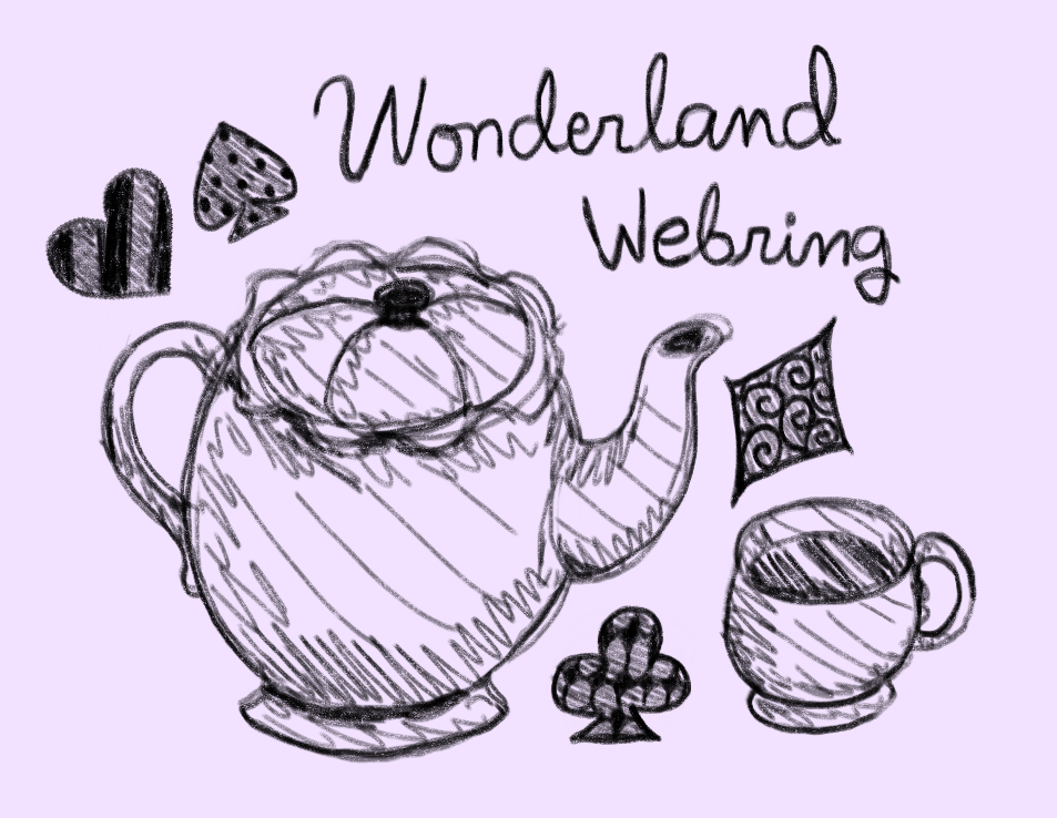 digital art using pencil tool: a teapot, teacup, and card suits with patterns inside them.